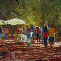 Adding mid-tones:The Ice Cream Vendor- oil painting demonstration by Dermot McKeown-