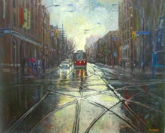 Tramlines - Toronto urban landscapes, street car- Original Oil painting by Dermot McKeown